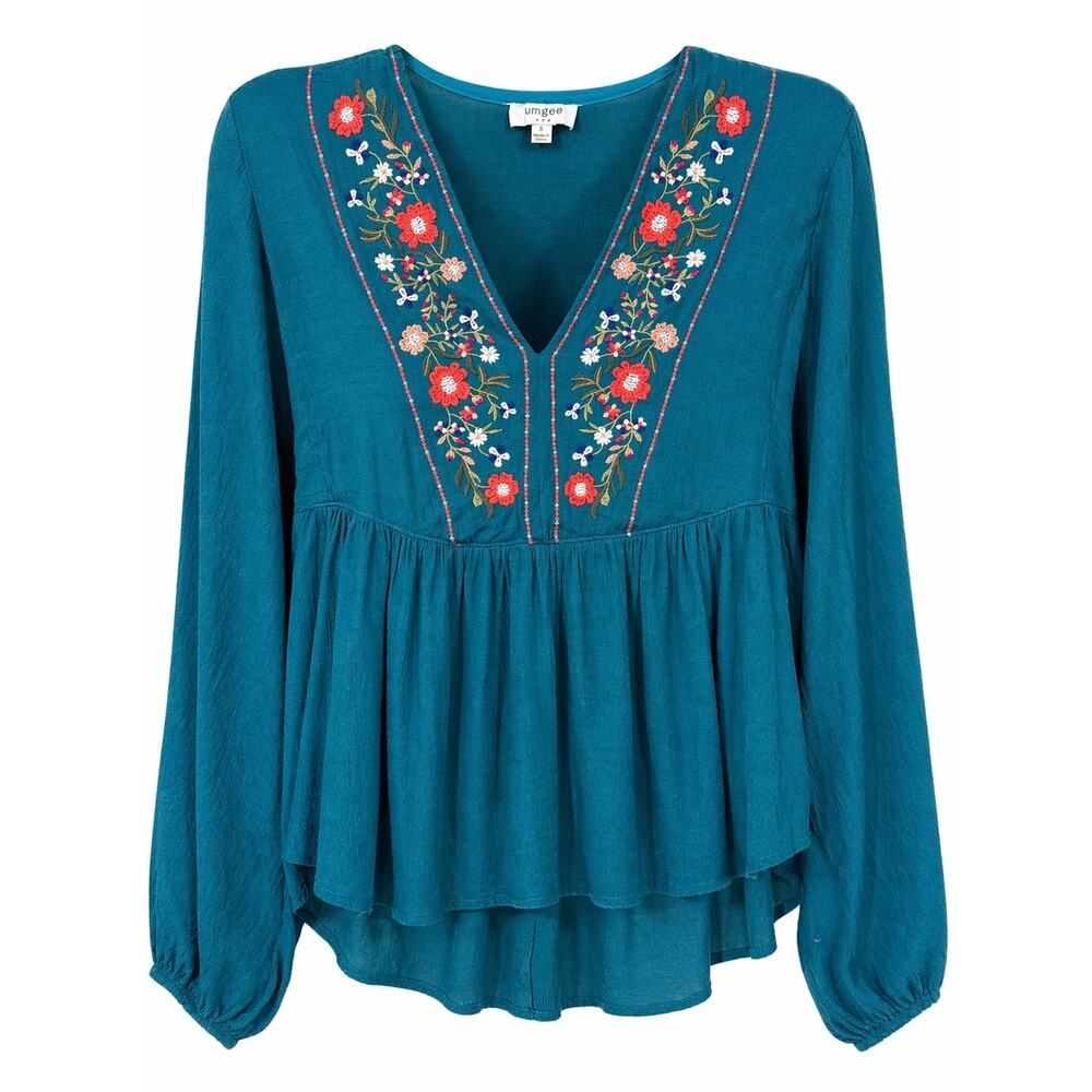 Umgee Peacock Teal Embroidered Floral V-Neck Boho Peasant Babydoll Blouse Small